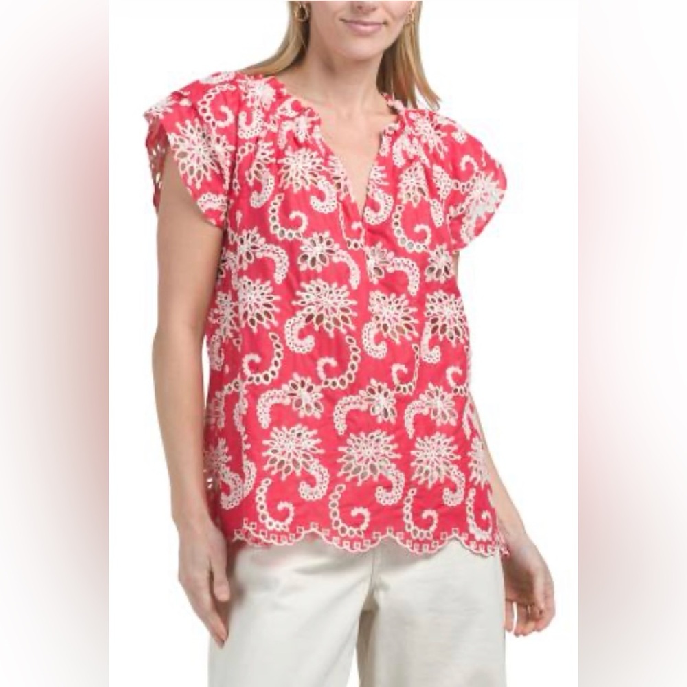 Shoshanna Elodie Women's Pink and White Embroidered Top Large NWT NEW